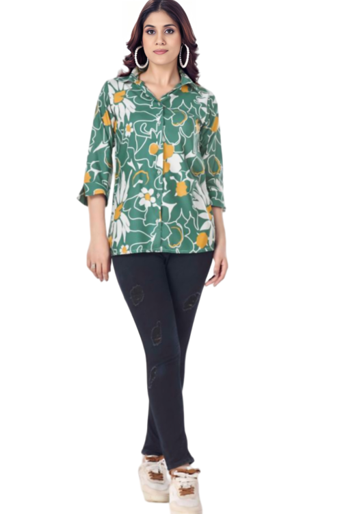 Elegant Floral Green Shirt – Herskart’s Rayon & Linen Blend