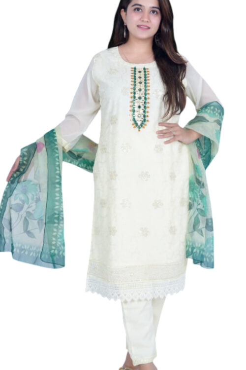 Elegant Silk Chikan & Mirror Work 3-Piece Dress Set