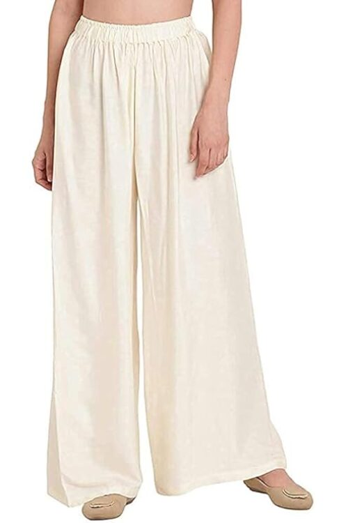 Women’s Regular Fit Flared Wide-Leg Rayon Palazzo – White