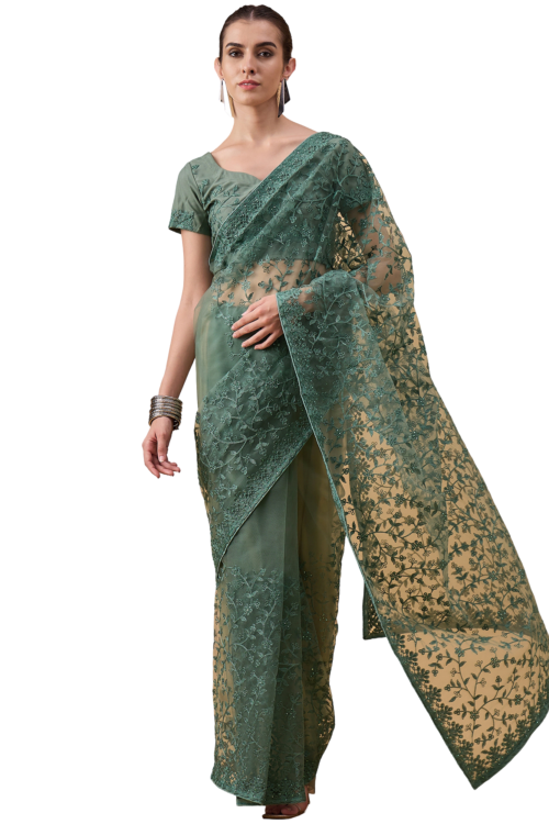 Green Net Embroidered Saree with Unstitched Blouse Piece