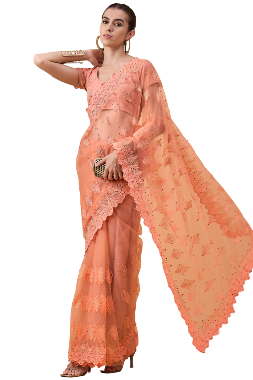 Orange Net Embroidered Saree with Unstitched Blouse Piece