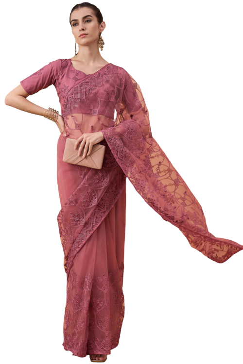 Purple Peach Net Embroidered Saree with Unstitched Blouse Piece