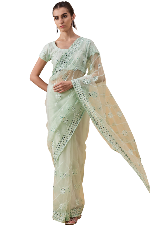 Sea Green Net Embroidered Saree with Unstitched Blouse Piece