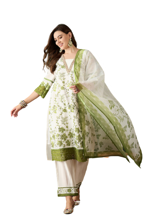 Herskart’s Elegant Green Crystal Organza Schiffli Embroidery Kurta with Trouser & Dupatta