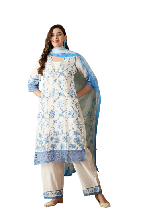 Herskart’s Blue & White Roman Silk Embroidered Kurta with Trouser & Dupatta