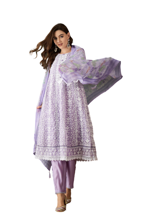 Herskart’s Lavender Crystal Organza Schiffli Embroidery Kurta Set with Trouser & Dupatta