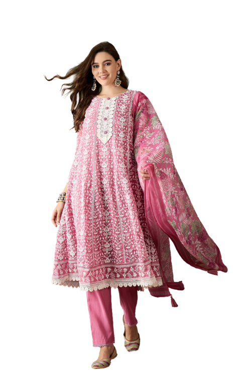 Herskart’s Pink Crystal Organza Schiffli Embroidery Kurta Set with Trouser & Dupatta