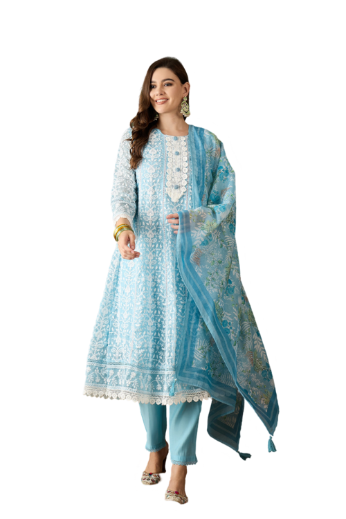 Herskart’s Blue Crystal Organza Schiffli Embroidery Kurta Set with Trouser & Dupatta