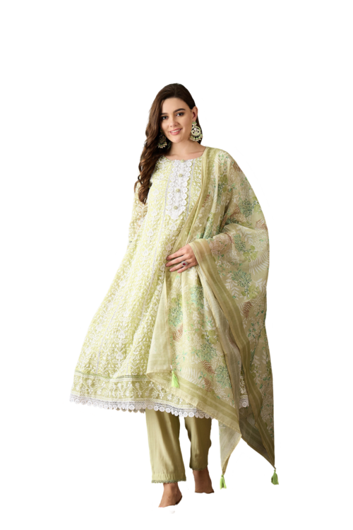 Herskart’s Green Crystal Organza Schiffli Embroidery Kurta Set with Trouser & Dupatta