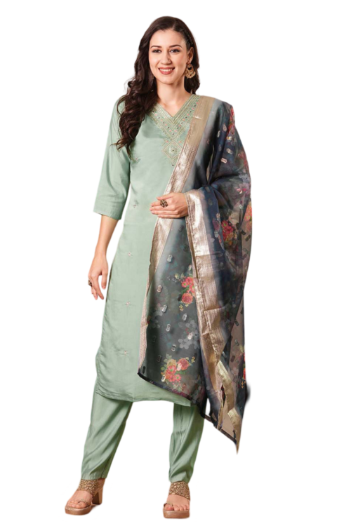 Herskart’s Elegant Green PV Chanderi Suit Set